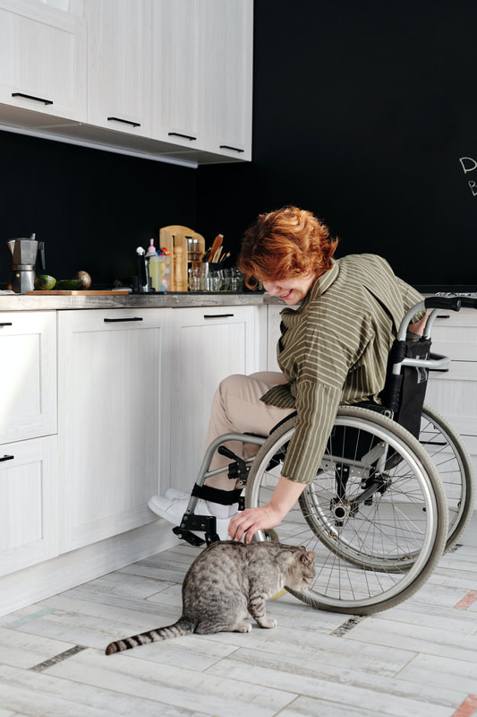 woman in wheelchair petting her cat in the kitchen